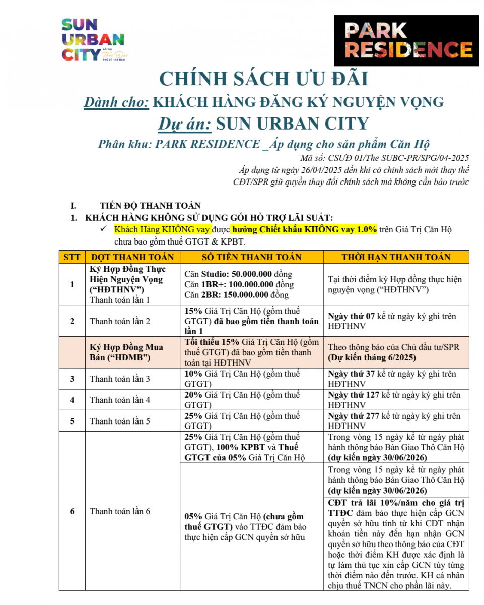 chính sách bán hàng chung cư park residence hà nam